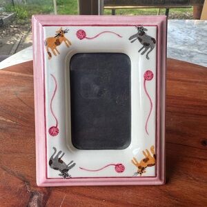 Pink and white cat-themed hand-painted ceramic picture frame
